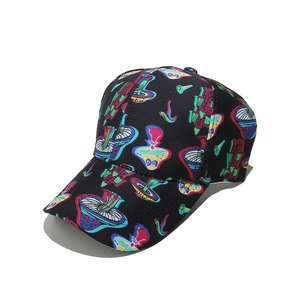 Detailed close-up of a black baseball cap with vibrant psychedelic mushroom print patterns