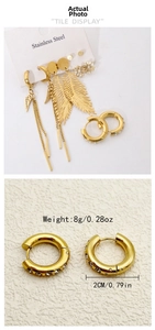 Macro detail of golden stainless steel leaf earrings set with size and weight info