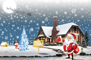 Detailed view of Christmas backdrop featuring snowy cabin and Santa Claus graphics