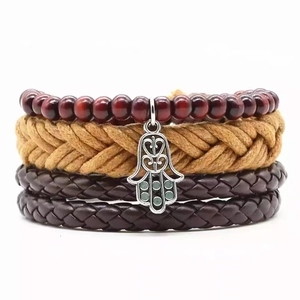Multilayer leather bracelet set with red beads and silver Hamsa Hand charm