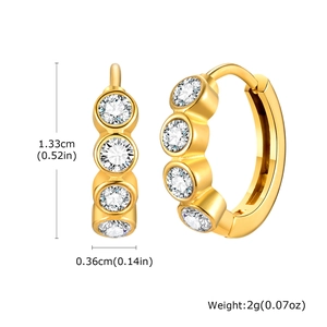 Close-up of gold hoop earrings with white stones showing dimensions 1.33cm height