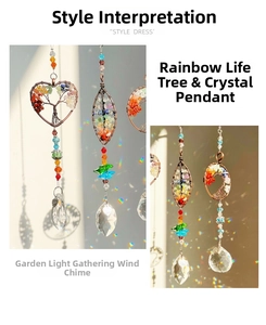 Detailed view of colorful Tree of Life crystal suncatchers with rainbow prisms