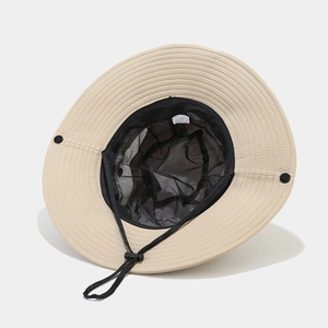 Chapeau de soleil extérieur beige à large bord, doublure en mesh et jugulaire réglable