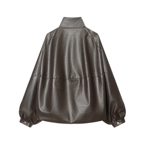Rear view of dark brown PU leather jacket with stand collar and oversized A-line fit