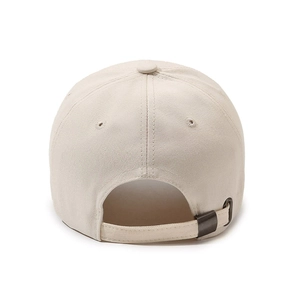 Rear view of cream distressed cotton baseball cap with adjustable strap and metal buckle