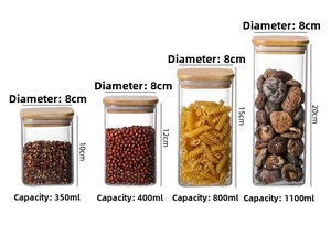 Size chart for borosilicate glass storage jars with bamboo lids showing 4 volume sizes