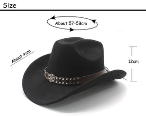 Size guide for black suede cowboy hat with crown height 12cm and brim width 8cm