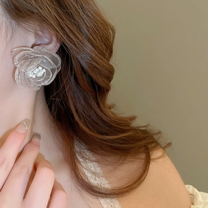 Handmade champagne lace rose stud earrings with pearls and soft mesh floral petals