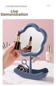 Blue cloud vanity mirror with wavy storage base and branch-shaped jewelry holder