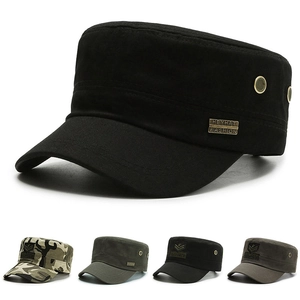 Mens Cadet Cap Cotton Flat Top Military Hat Adjustable Vintage Outdoor Sun Protection Breathable Casual