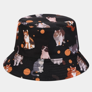 Black bucket hat with cartoon cat print, reversible sun protection for outdoor activities