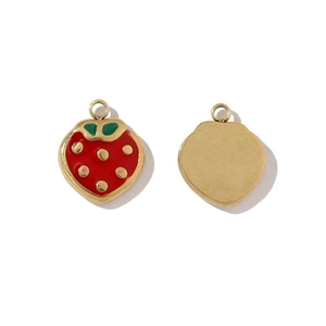 Detail view of strawberry-shaped gold pendants showing front and back designs