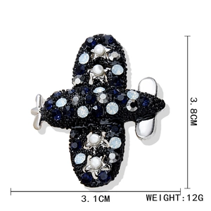 Fashion alloy airplane brooch with blue crystals and white pearls, sized 3.8cm by 3.1cm