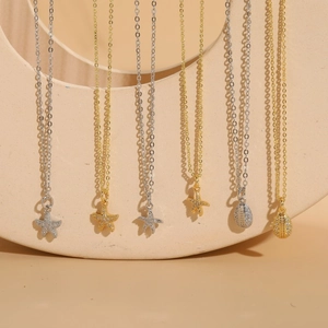 Ocean Series Minimalist Copper Zirconia Pendant Necklace For Women Starfish Conch Shell Charm Inlaid Zirconia Gold Silver Clavicle Chain Jewelry