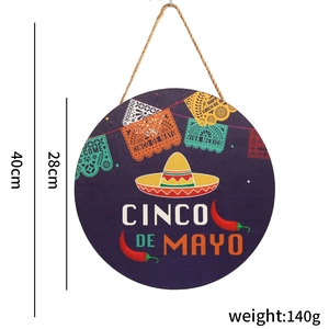 Detail showing 28cm Cinco de Mayo wooden sign with festive sombreros and red chili motifs