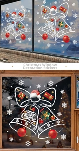 Detail of Christmas bell window stickers with snowflakes and gift boxes for holiday decor