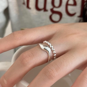 925 Sterling Silver Ring Irregular Wave Beaded Double Layer Stackable Minimalist Adjustable Open Jewelry For Women