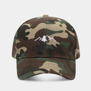 Classic jungle camo baseball cap with white mountain and tree embroidery on the front