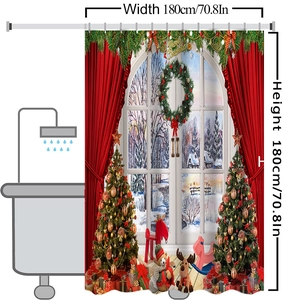 Waterproof Christmas shower curtain with tree and reindeer print, 180x180cm size detail