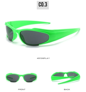 Three views of neon green Y2K sports sunglasses with wrap-around frames and grey lenses