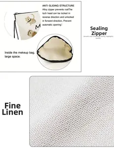 Detail of linen cat makeup bag showing smooth alloy zipper and large interior capacity