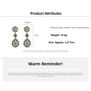 Detailed specs of vintage turquoise pearl drop earrings with 2.5cm by 7cm dimensions