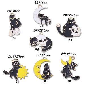 Halloween black cat alloy enamel charms featuring moon and skull motifs for DIY jewelry