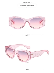 Detail view of pink glitter oval frame sunglasses with gradient lenses and side profile