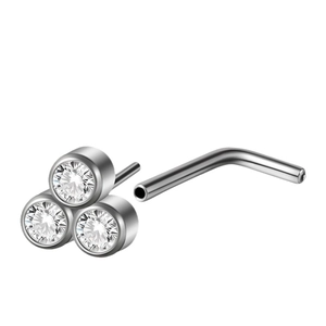 Silver G23 titanium L-shaped nose stud with three round sparkling zircon stones in a triangle