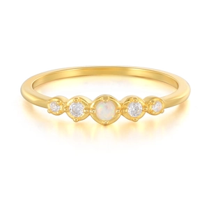Minimalist S925 sterling silver gold ring with central opal and four side diamonds