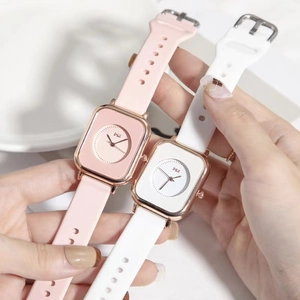 Minimalist square quartz watch for women with pink and white silicone bands and gold frame