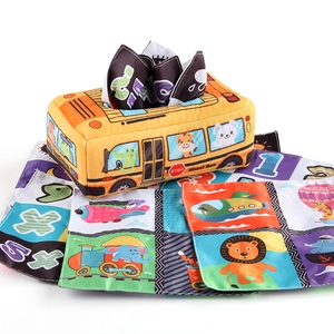 Educational school bus plush tissue box toy with colorful crinkle papers for babies
