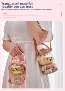 Detail of cute bear-shaped water bottles with adjustable straps and one-click lids
