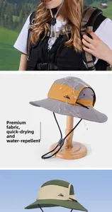 Detail of wide brim sun hat with waterproof fabric and adjustable windproof rope