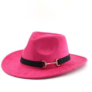 Fuchsia wide-brimmed suede fedora hat with black band and gold horse-bit buckle