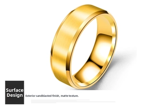 Detail of brushed gold stainless steel ring with matte finish and polished beveled edge