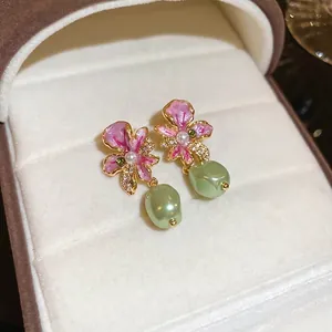 French retro gold flower pearl earrings with purple enamel and green zircon accents
