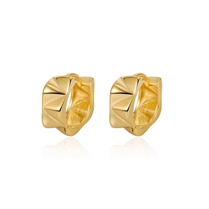 Minimalist geometric gold earrings with faceted diamond-cut design on white background