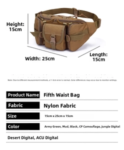 Tactical waist bag dimensions 15x25x15cm with nylon MOLLE system and multiple pockets