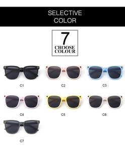 Detailed grid of stylish kids square sunglasses featuring seven colorful frame options