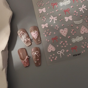 Pink bow and lace heart nail art stickers set with rhinestones and pearl accents