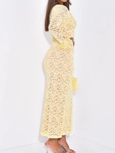 Robe longue jaune Y2K en dentelle à manches longues avec motifs ajourés pour femmes