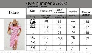 Size chart showing measurements for the floral square neck puff sleeve dress