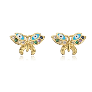 Golden butterfly stud earrings with blue eye pattern and colorful cubic zirconia gems