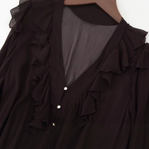 Women's dark brown V-neck chiffon midi dress with elegant ruffles and white buttons