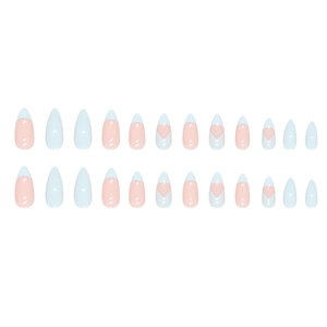 Almond-shaped press-on nails in light blue and pink French tip design with 24 pieces set