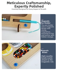 Detail view of magnetic pen and colorful beads in a wooden counting puzzle toy