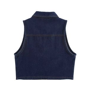 Vue arrière du gilet en jean bleu foncé avec coutures contrastées et col classique à revers