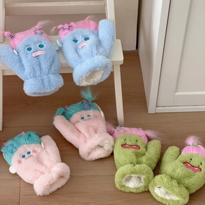 Moufles monstre mignonnes en fausse fourrure épaisse avec barrettes étoiles colorées