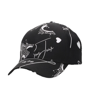 Classic black baseball cap with white Eiffel Tower print and Bonjour text design